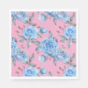 Beautiful blue roses, pastel pink background, napkin