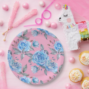 Beautiful blue roses, pastel pink background, paper plate