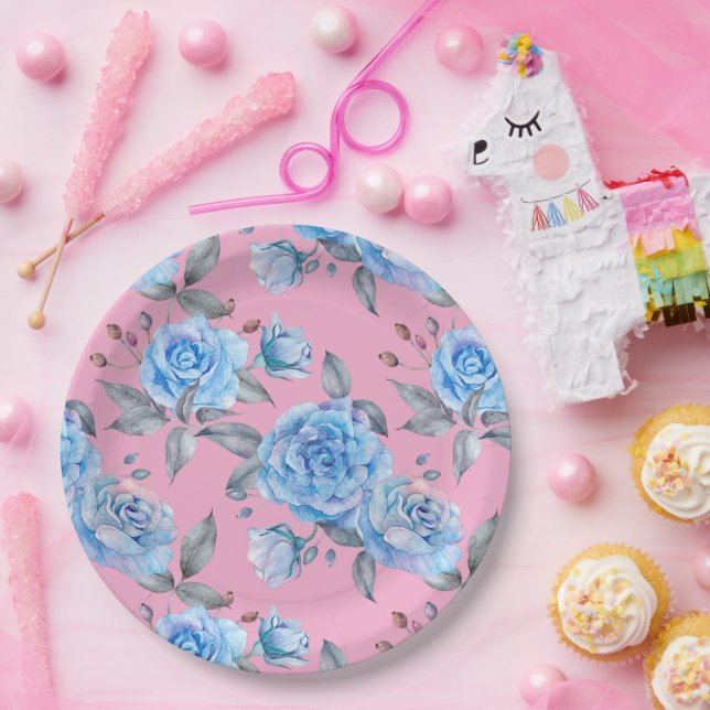 Beautiful blue roses, pastel pink background, paper plate (Party)