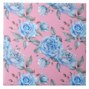 Beautiful blue roses, pastel pink background, tile