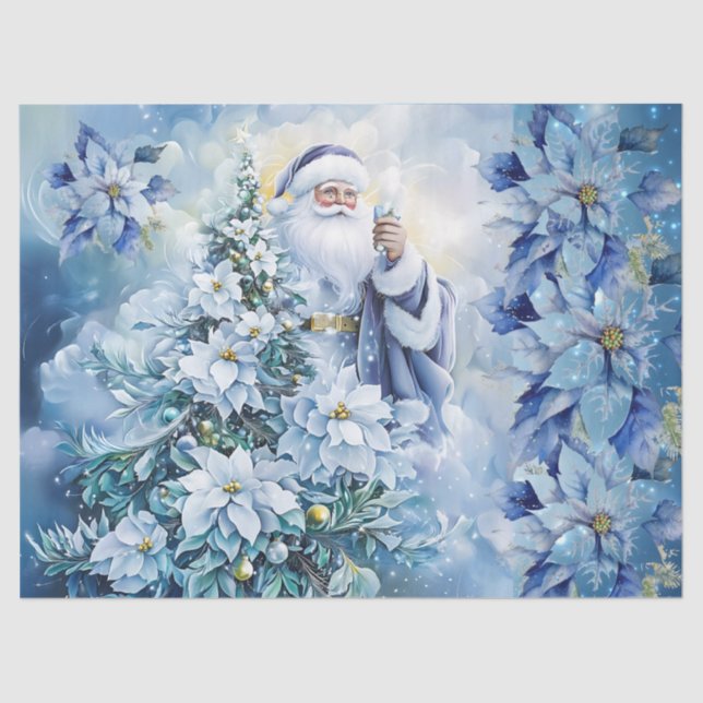 Beautiful Blue Santa & Poinsettias Decoupage Tissue Paper (Front)