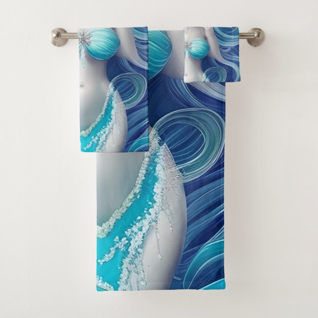 Beautiful Blue Seashell Mermaid Graphic Bath Towel Set (Insitu)