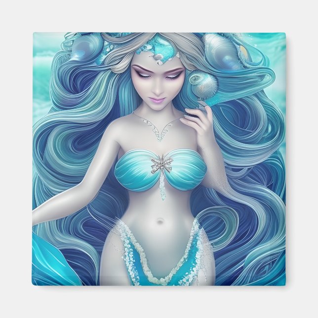 Beautiful Blue Seashell Mermaid Graphic Magnet (Front)