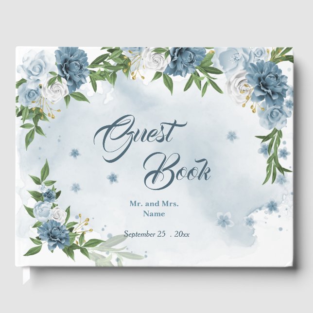 beautiful blue shades flowers greenery guest book (Front)