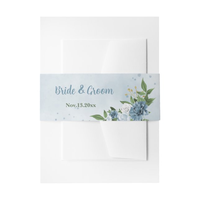 beautiful blue shades flowers greenery wedding invitation belly band (Front Example)