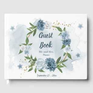 beautiful blue shades flowers greenery wreath guest book