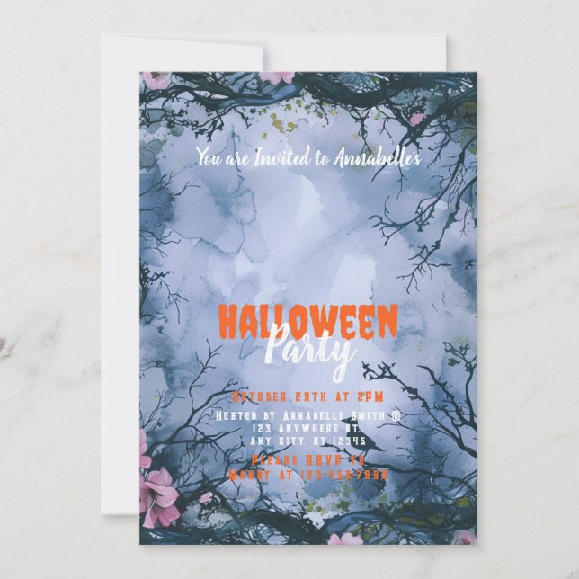 Beautiful Blue Sky Pink Flowers Halloween Party Invitation (Front)