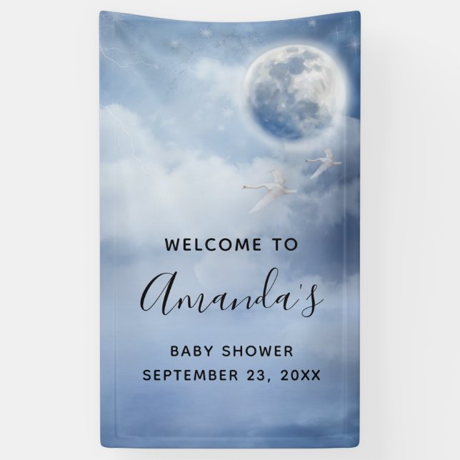 Beautiful Blue Sky with Flying Swans Baby Shower Banner (Vertical)