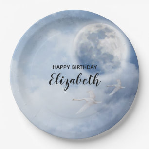 Beautiful Blue Sky with Flying Swans Birthday Paper Plate