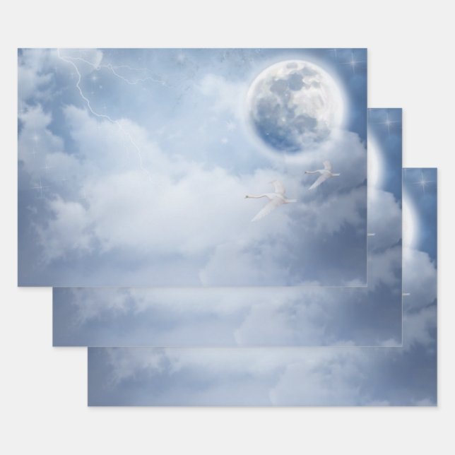  Beautiful Blue Sky with Flying Swans Wrapping Paper Sheet (Set)