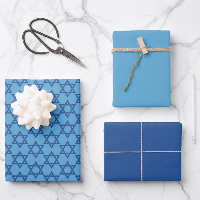 Beautiful Blue Star of David Wrapping Paper Sheet (Front)