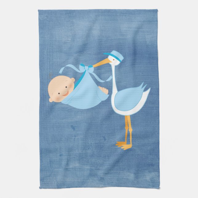 Beautiful Blue Stork Baby Shower Party Decor Tea Towel (Vertical)