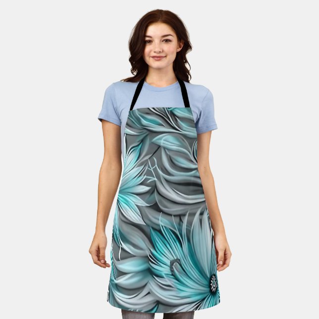 Beautiful Blue Teal Floral Print Apron (Worn)