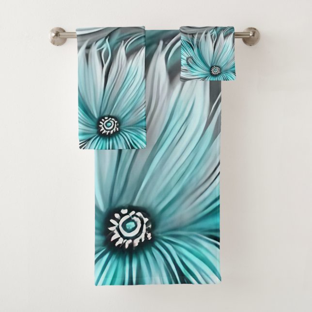 Beautiful Blue Teal Floral Print Bath Towel Set (Insitu)