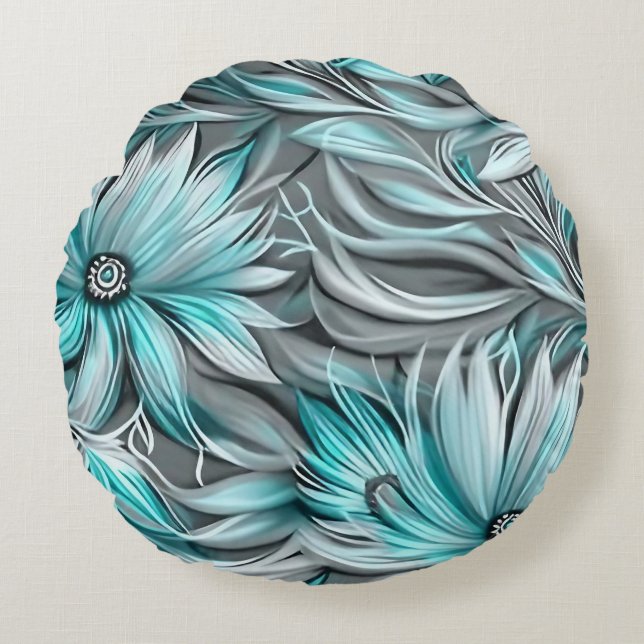 Beautiful Blue Teal Floral Print Round Cushion (Front)