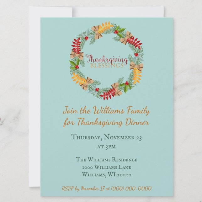 Beautiful Blue Thanksgiving Dinner Invitation (Front)