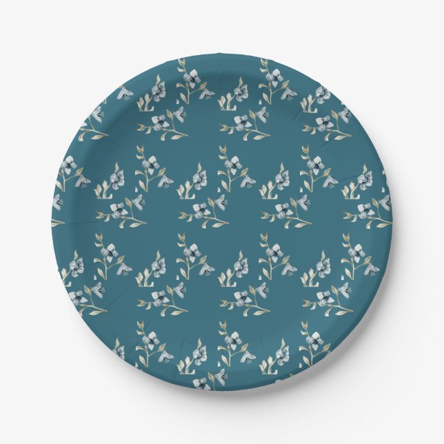 Beautiful Blue Turquoise Floral French Elegance  Paper Plate (Front)