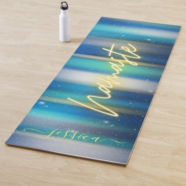 Beautiful Blue Turquoise Gold Namaste Custom Name Yoga Mat (In Situ)