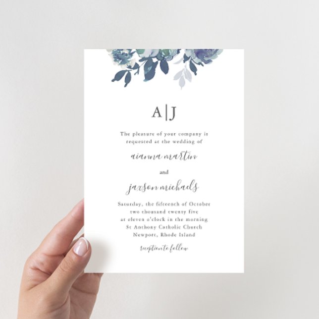 Beautiful Blue Watercolor Floral Monogram Wedding Invitation (Creator Uploaded)