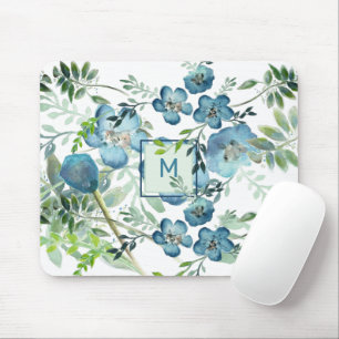 Beautiful Blue Watercolor Floral With Initial Mouse Mat