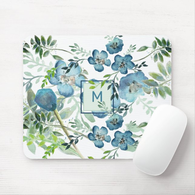 Beautiful Blue Watercolor Floral With Initial Mouse Mat (With Mouse)