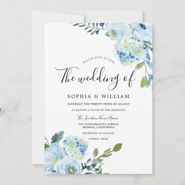 Beautiful Blue Watercolor Flowers Modern Wedding Invitation (Front)