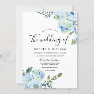 Beautiful Blue Watercolor Flowers Modern Wedding Invitation