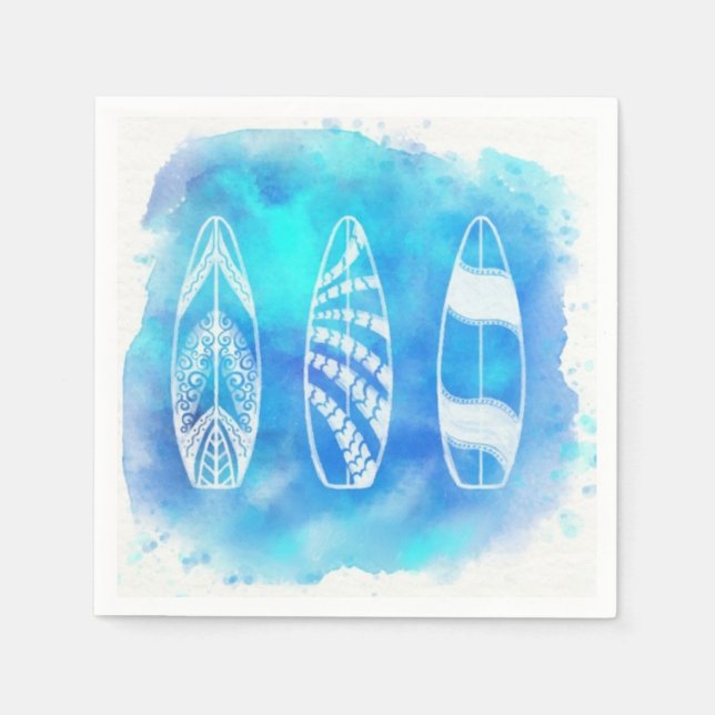 Beautiful Blue Watercolor Water Surfboards art Napkin (Front)