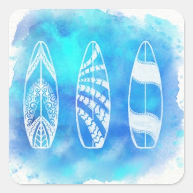 Beautiful Blue Watercolor Water Surfboards art Square Sticker (Front)
