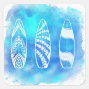Beautiful Blue Watercolor Water Surfboards art Square Sticker