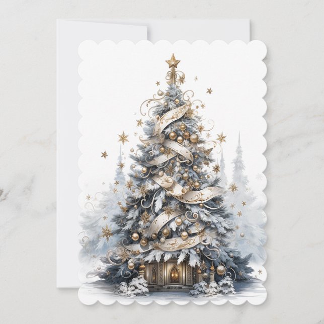 Beautiful Blue  White and Gold Christmas Tree Holiday Card (Front)