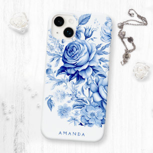 Beautiful Blue/White Personalised Roses iPhone 14 Plus Case