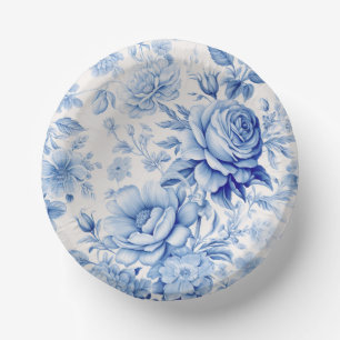 Beautiful Blue & White Roses & Wildflowers Paper Plate