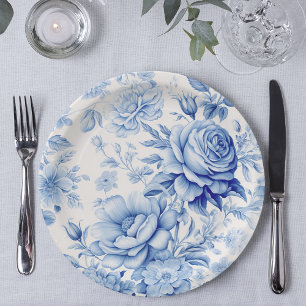 Beautiful Blue & White Roses & Wildflowers Paper Plate