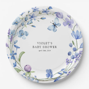 Beautiful Blue Wildflower Wreath Baby Shower Paper Plate