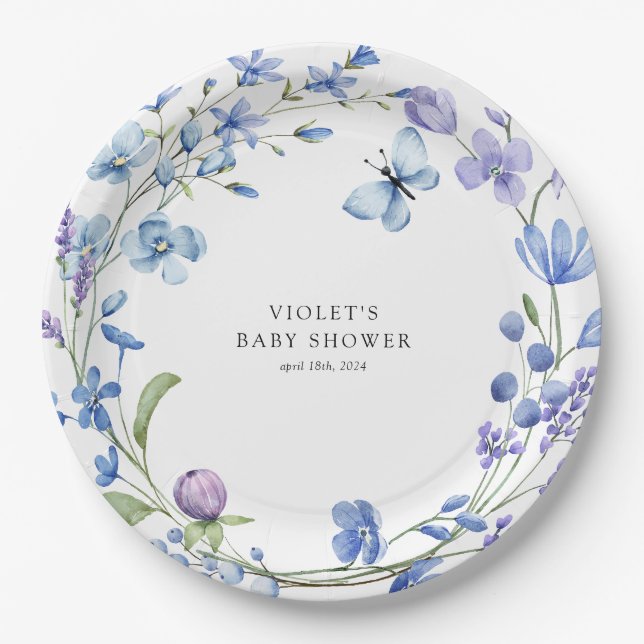 Beautiful Blue Wildflower Wreath Baby Shower Paper Plate (Front)