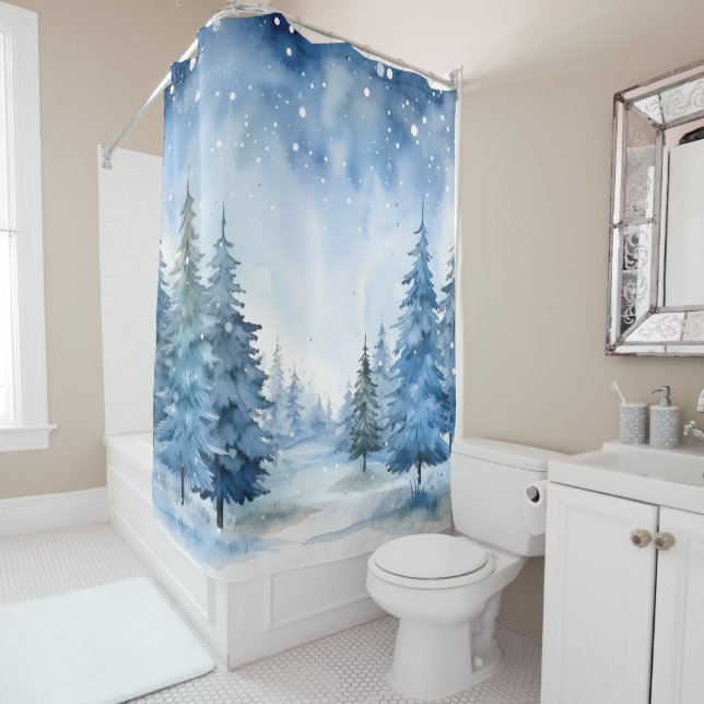 Beautiful Blue Winter Woods Scene Shower Curtain (In Situ)