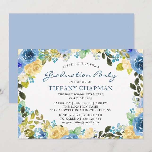 Beautiful Blue Yellow Floral Graduation Party Invitation (Front/Back)