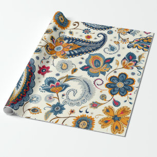 Beautiful Blue Yellow Paisley Pattern Wrapping Paper