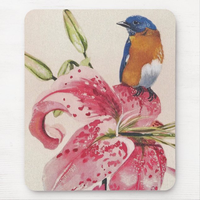 beautiful bluebird on a stargazer lily. mouse mat (Front)