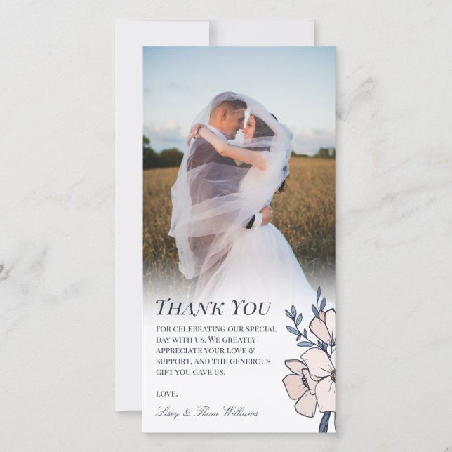 Beautiful Blush & Blue Flowers Wedding Thank You Card (Front)