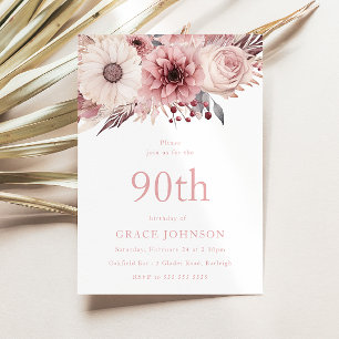 Beautiful Blush Boho Floral 90th Birthday Party Invitation