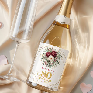 Beautiful Blush Burgundy 80th Birthday Champagne Sparkling Wine Label