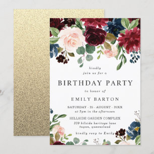 Beautiful Blush & Burgundy Gold Birthday Party Invitation