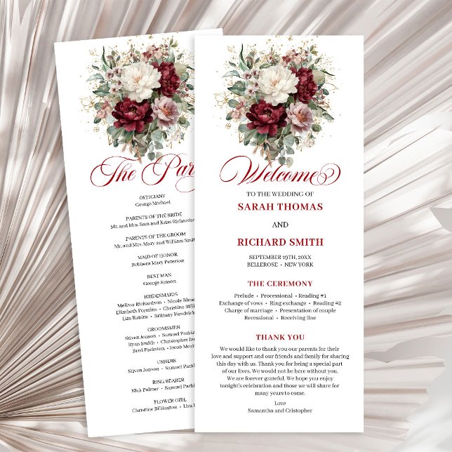 Beautiful Blush Burgundy Wedding Program Long Programme (Beautiful Blush Burgundy Wedding Program Card)