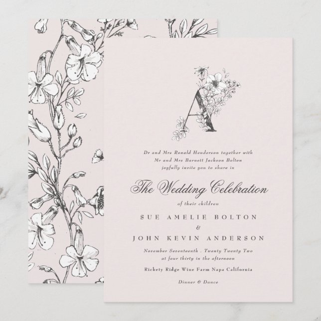 Beautiful Blush Floral 'A' Monogram Sketched Invitation (Front/Back)