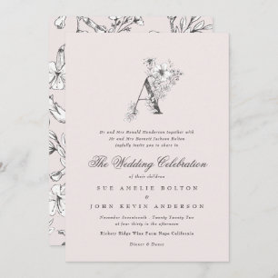 Beautiful Blush Floral 'A' Monogram Sketched Invitation