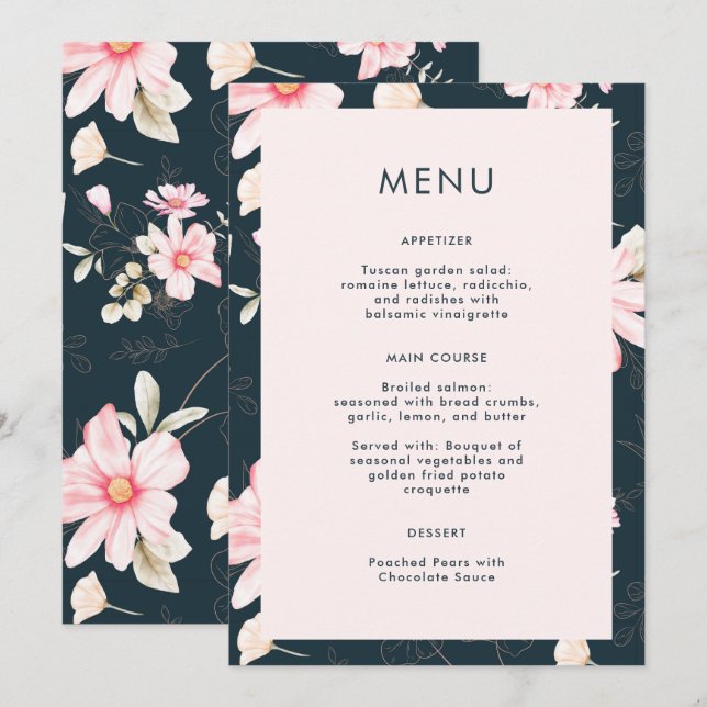 Beautiful Blush Floral Blue Wedding Menu (Front/Back)