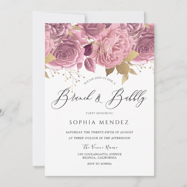 Beautiful Blush Floral Bridal Shower Brunch Bubbly Invitation (Front)