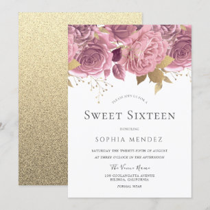 Beautiful Blush Floral & Gold Sweet Sixteen Invitation